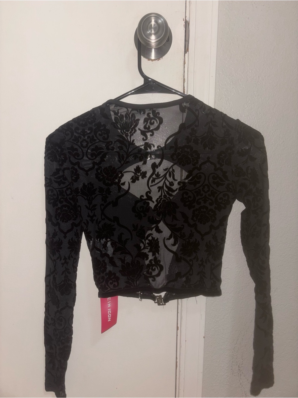SHEIN Black Sheer Velvet Burnout Long Sleeve Crop Top with Front Hardware - Picture 3 of 3